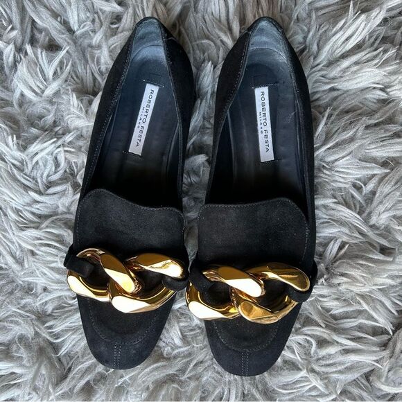 Roberto Festa black loafer flats with chunky gold chain women’s shoe size 7 - Picture 2 of 7